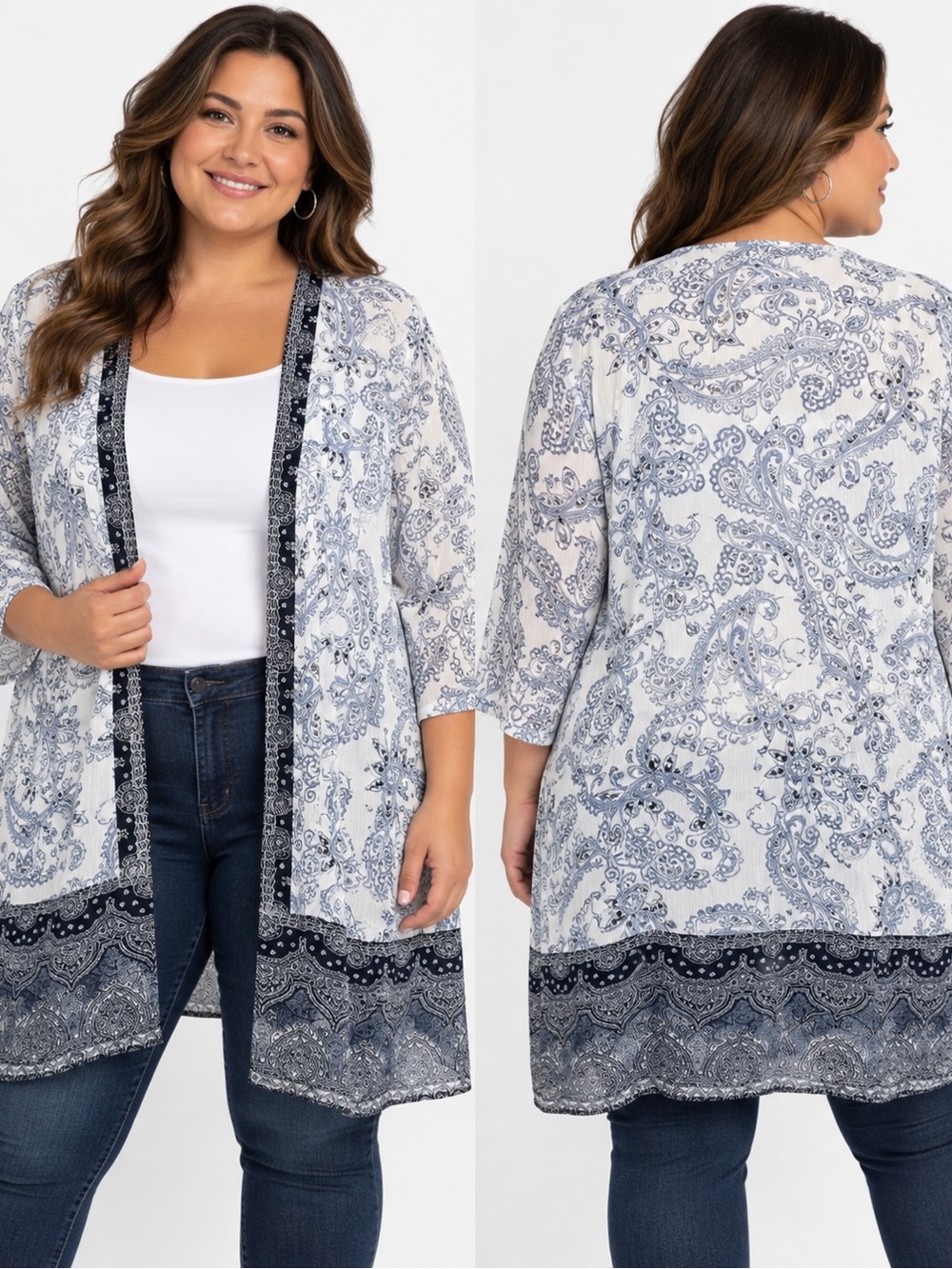 Catherines White & Navy Paisley Open-Front Kimono Cardigan 1X